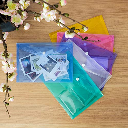 Pacote com 24 pastas A5 Poly Envelope com botão de pressão, envelope plástico transparente à prova d