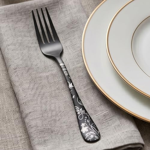 Image of 8.1 inch Charcoal Black Dinner Forks with Floral Printed Handle | 5-Piece Premium Stainless Steel Flatware Set | Elegant Dishwasher-Safe Cutlery for Home, Restaurants, and Gift Giving