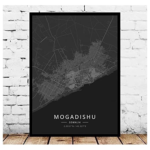 Canvas tryck väggkonst bild, Mogadishu Somalia stadskarta väggkonst affischer moderna stora tryck bilder svartvit stad rektangel målningar pop väggmålningar konstverk för heminredning, 40 x 50 cm/15,74 x 19,68 I