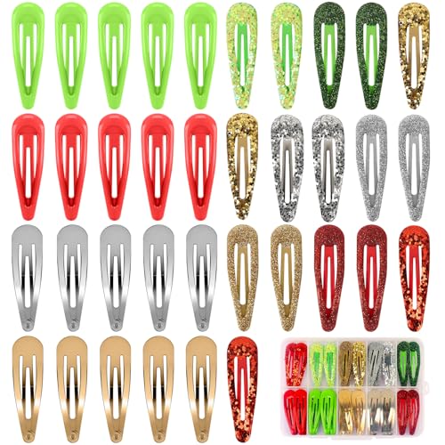 FLAREANN - Juego de 36 pinzas para el pelo de Navidad con broches antideslizantes de 2 pulgadas, purpurina, brillo, esmalte y accesorios metálicos para el cabello en rojo, verde, dorado y plateado