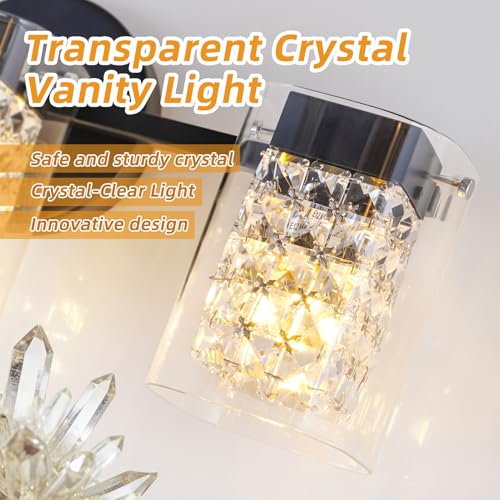 Image of Modern Crystal Vanity Lights, 3-Light Black Bathroom Light Fixtures with Clear Shades, Bathroom Lighting Fixtures Over Mirror Wall Light for Hallway, Decoration,Bedroom(Exclude Bulb)