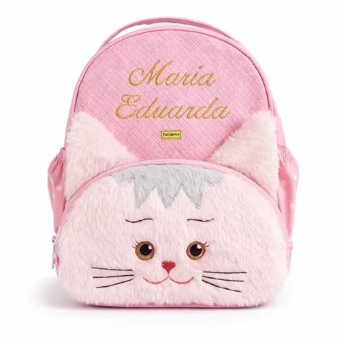 Mochila Infantil Personalizada Tamanho G Gatinha Rosa com Organização para Passeio e Creche
