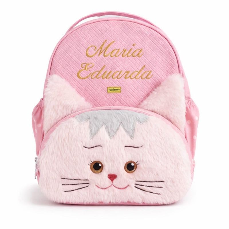 Mochila Infantil Personalizada Tamanho G Gatinha Rosa com Organização para Passeio e Creche