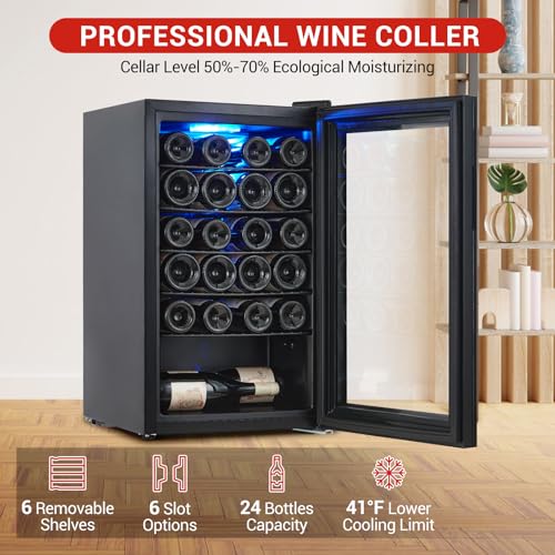 Image of 24 Bottle Wine Fridge, Small Wine Cooler Temperature Adjustment Range 40~61F, Mini Wine Refrigerator Freestanding for Home Kitchen Office Bar, Wine Cellar for Red, White and Champagne