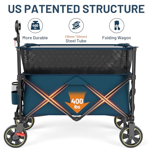 Timber Ridge 350L Extra Large Collapsible Folding Wagon Carts with Brake, Heavy Duty Outdoor Camping Utility Wagons with Extended Height, Adjustable Handle, Cup Holders, Side Bag(Blue)