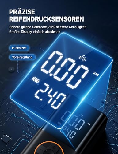 AstroAI Kabelloser Elektrische Luftpumpe, Tragbare Akku Fahrradpumpe mit alle ventile, LED-Licht, Wiederaufladbare Reifenpumpe für Fahrrad, E-Bike, Auto, Motorrad, Bälle, Schwarz