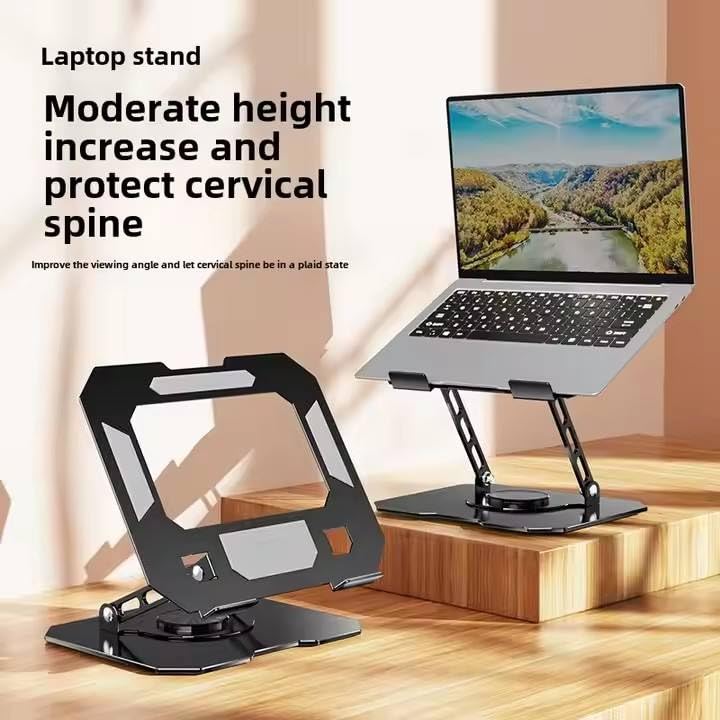 Image of Aluminium Tablet Stand Holder, 360 Rotating Base, Height & Angle Adjustable Metal Phone Stand, Foldable Desk Holder Compatible with All Tablets & Smartphones (Silver)