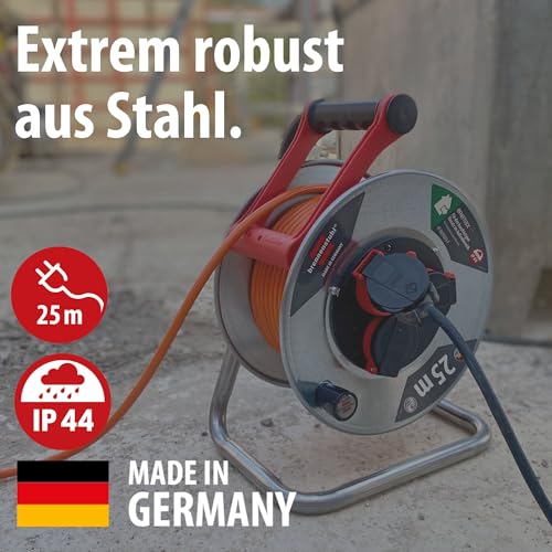 Brennenstuhl Garant S V2 IP44 Kabeltrommel 25m outdoor (Made in Germany, Kabel in Signalfarbe orange, Stahlblech, kurzfristiger Einsatz im Außenbereich)