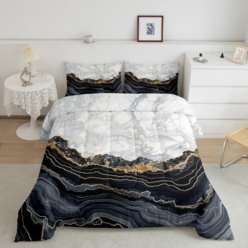 Marble Decor Bedding Set, Gold Glitter Marbling Comforter Set Full For Kids Teens Adult, Black White Marble Duvet Insert Watercolor Bronzing Fluid Artwork Quilted Duvet, 2 Pillow Cases, Black White