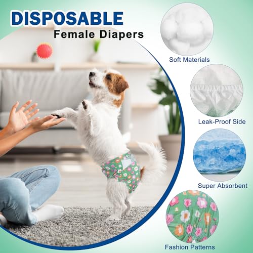 Image of Pet Soft Dog Diapers Female, Disposable Female Dog Diaper, Doggie Diapers for Cat Puppy with Adjustable Foam Tail Hole(Green,12XS)
