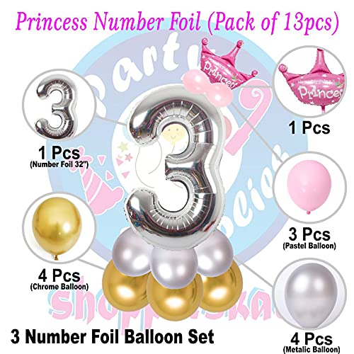 Image of Pink 32 Inches Numbers 3 Shape Large Big Foil Helium Balloons For Party Decorations In Happy Birthday Anniversary Office Items Materials Set Pack,13 Pcs