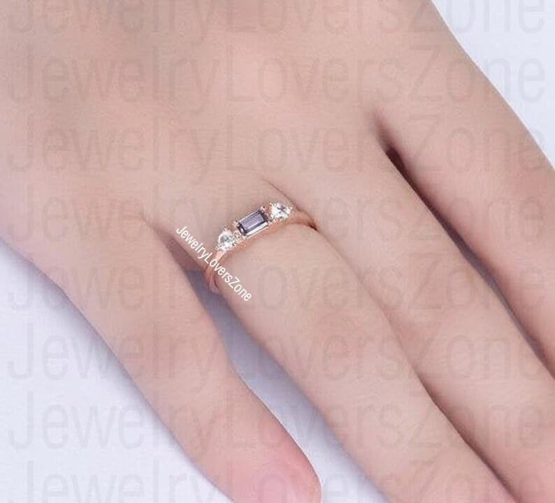 Dainty Alexandrite Engagement Ring for Women | 925 Sterling Silver Emerald Cut Color Changing Alexandrite June Birthstone | Art Deco Promise Ring Gift