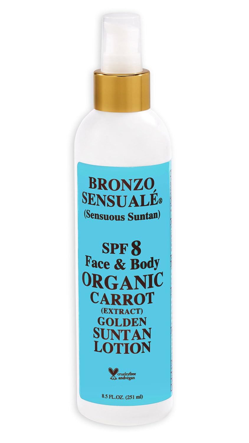Tanning Lotion with SPF 8 Sunscreen Protection – Organic & Botanical Ingredients for a Sun-Kissed Glow – Moisturizing, Non-Greasy Sun Care Carrot Lotion, by Bronzo Sensuale, 8.5 Fl Oz