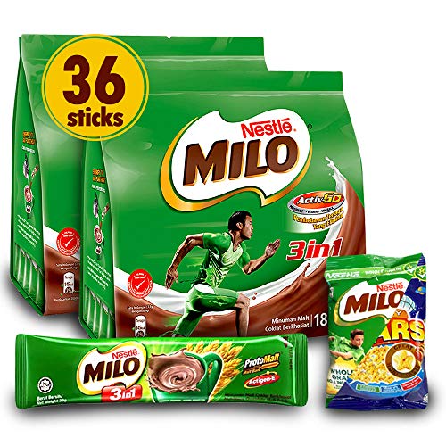 Nestle 2-Pack Milo 3-in-1 Chocolate Powder and 1-Pack Nestle Cereal Snack Bundle (Milo or Koko Krunch or Honey Star, 30 g) - Instant Malt Chocolate Milk Powdered Drink (Richer than The Original) - Fortified Energy Drink - More Chocolatey & More Malty