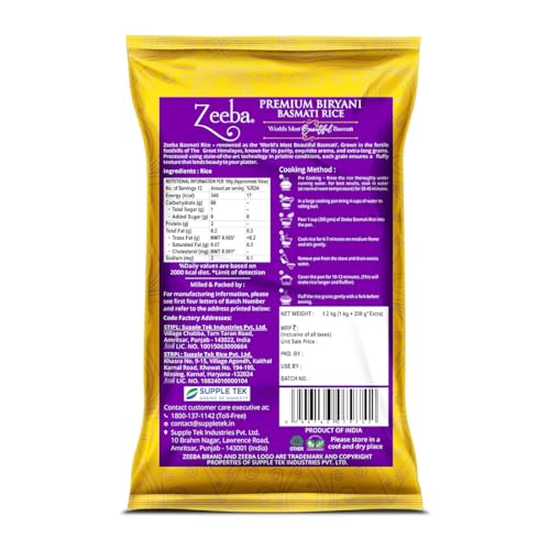 Image of Zeeba Premium Biryani Rice 1.2 Kg, Chef's Choice, Restaurant Style, Extra Long Grains (Cooked length upto 26mm*)