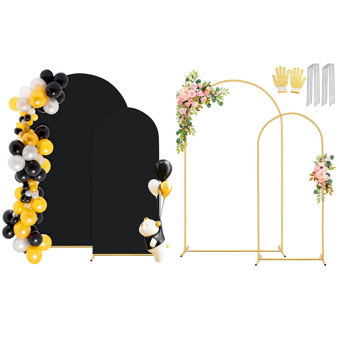 7.2ft, 6ft arch backdrop stand with cover set of 2, gold metal balloon wedding arch frame with 8 ground stakes stable for outdoor birthday party wedding ceremony bridal baby shower decoration