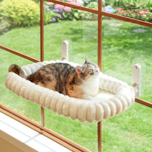 Zakkart SnugCloud Foldable Cat Window Perch - Cordless Ultra Soft Machine Washable Bed with 4-Sided Bolster Metal Frame - Window Hammock for Large Cats and Kittens (Cream White Medium)