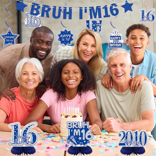 Image of Crenics Blue 2010 16th Birthday Decorations for Boys | Awesome Since 2010 Banner, Bruh I'm 16 Banner, Honeycomb Centerpieces and Hanging Swirls for 16 Years Old Party Supplies