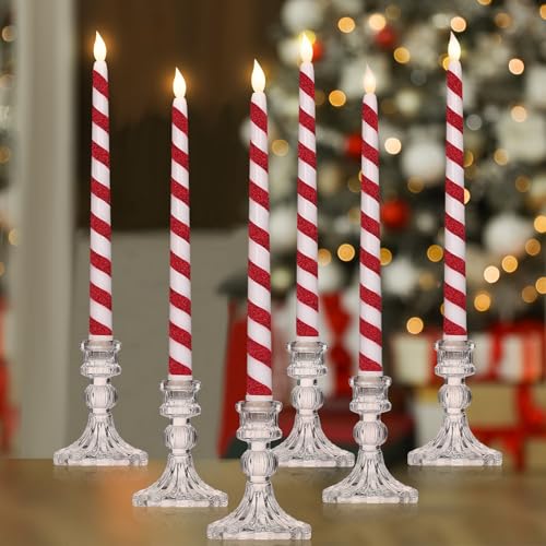Baquler 6 Pcs Christmas Flameless Taper Candles 10.6 Inch Glitter Candy Cane Candles Battery Operated LED Christmas Candlesticks for Xmas Centerpiece Holiday Party Decor