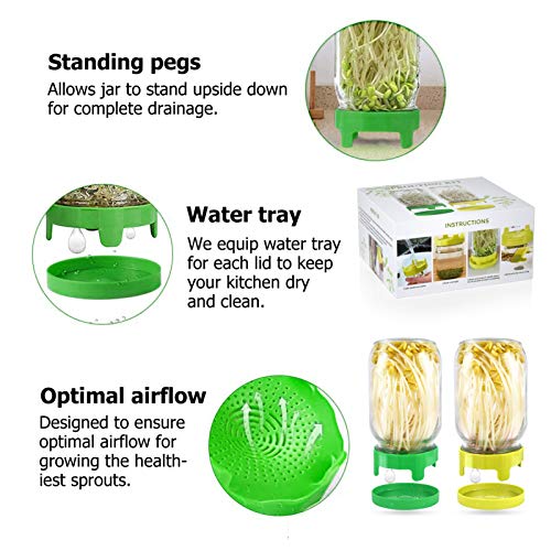 Sprouting Jars Kit Set,Wide Mouth Mason Jar with Plastic Sprouting Lids and Water Trays ,Set of 2,Seed Sprouting Kit for Growing Bean Sprouts,2 Color - Thumbnail 4