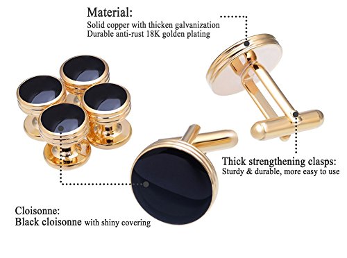 Salutto Men's Cufflinks And Studs Set For Formal French Shirt Formal Black With Shiny Gold #TOP1