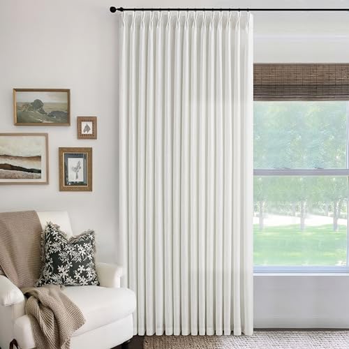Image of Extra Wide 100 Inch Wide Ivory Pinch Pleated Linen Curtains 84 Inches Long | Patio Sliding Glass Door, 100 Inch Width, Pleated Drapes, Hooks Rings, 100x84 Curtain, for Living Room, 1 Panel, White