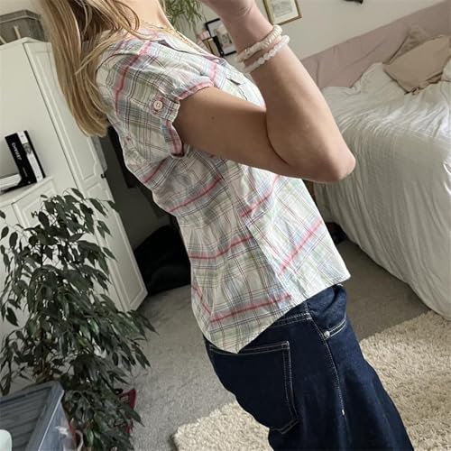Image of Y2k Girls Vintage Coquette Button Down Shirt Women Short Sleeve V-Neck Slim Fitted T-Shirt Cute Blouse Crop Top