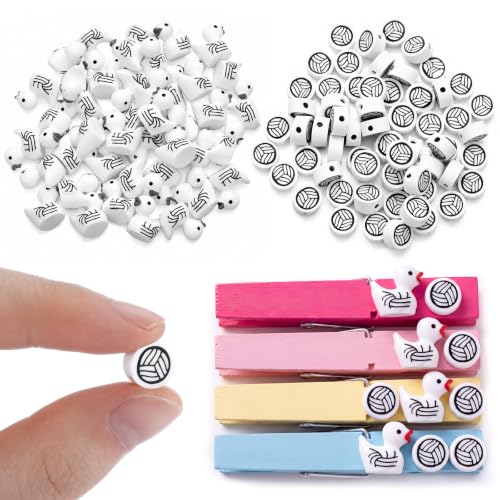Hotop 100 Pcs Volleyball Clips Decorating Kit 0.35 Inch Polymer Clay Volleyball Beads Resin Duck Charms Cheer Pins Spirit Clips Decor Sports Themed DIY Craft for Cheerleaders Team Party