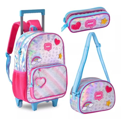 Kit Mochila de Carrinho Holográfica Infantil com Lancheira Térmica e Estojo Duplo, Clio Style