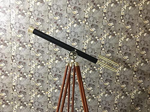 Handmade Shiny Brass Black Leather Wrapped Telescope with Wooden Adjustable Tripod Vintage Nautical Spyglass Scope Home/Office Decorative Christmas/New Year