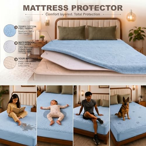 Image of Glassiano Cotton Feel Terry Ultra Soft Waterproof Mattress Protector | Breathable - Hypoallergenic Mattresses Cover with Elastic Strap for Queen Bed (84x66 inch|7x5.5 feet, Blue - Pack of 1)
