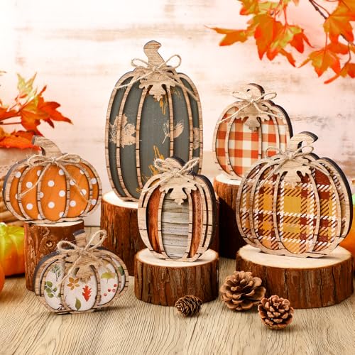 Leinuosen 6 Pcs Fall Pumpkin Decor Fall Decor for Home Pumpkin Wooden Block Sign Autumn Tiered Tray Decorations Thanksgiving Table Centerpieces Decorations for Harvest Party Home Shelf