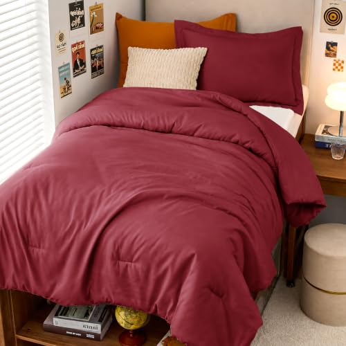 Image of MUXHOMO Twin /Twin XL Comforter Set, All Season Ultra Soft Down Alternative Bedding - 3 Piece Lightweight Bed Set Includes 1 Comforter (68 inchx88 inch) and 1 Pillow Shams (20 inchx26 inch), Burgundy Red