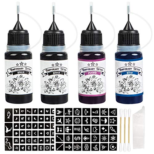 4 Pack Temporary Tattoo Ink for Men Women, Waterproof Temporary Tattoo Kit, Safe Tattoos Ink Set with 92 Pcs Tattoo Stencils