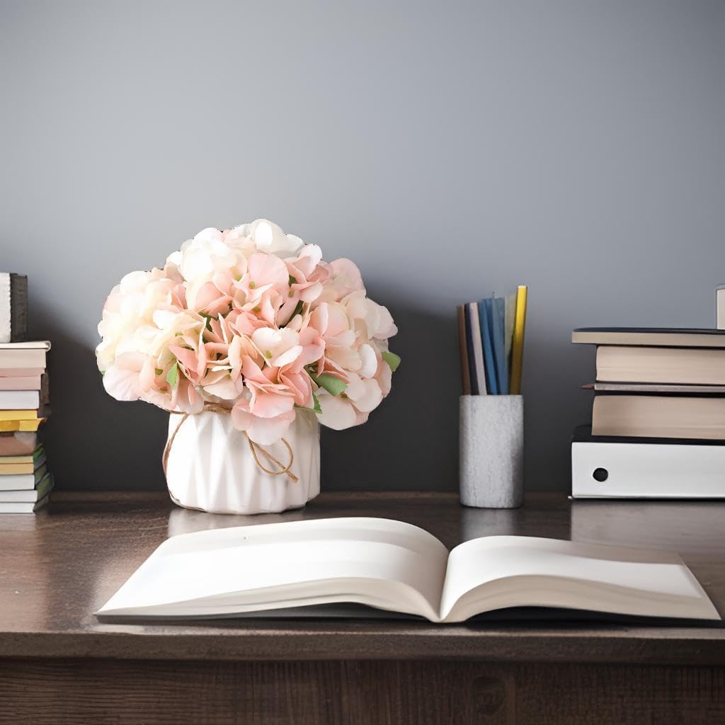 Hbluefat Fake Flowers in Vase, Small Artificial Silk Flowers with Ceramic Vase, Faux Flower Arrangement for Home Office, Coffee Dining Table Centerpiece Decor (Spring Hydrangea,Pink)