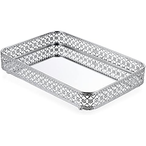 BSTKEY 30x20cm Vanity Mirror Tray Jewelry Trinket Tray, Decorative Tray for Cosmetic Makeup Dresser Bathroom Bedroom Countertop Organizer (Silver) Cover