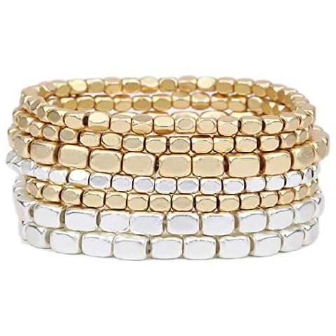 Rosemarie Collections Women's Two Tone Chunky Nugget Stacking Statement Stretch Bracelet Set of 7 (Matte Two Toned Gold Silver) Cover