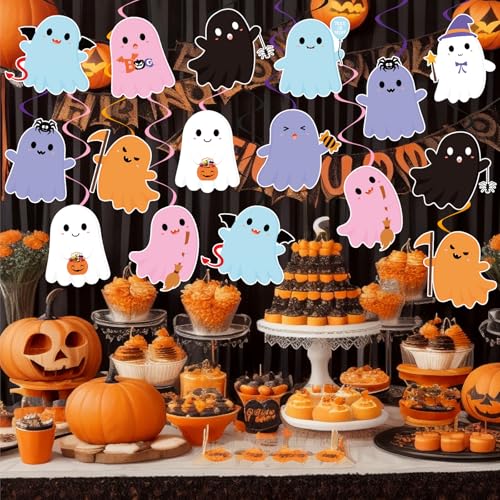Image of 40Pcs Halloween Ghost Hanging Swirl Decorations, Halloween Party Ceiling Hanging Swirls Ghost Hanging Swirls Streamers for Trick or Treat Birthday Baby Shower Party Decor Supplies