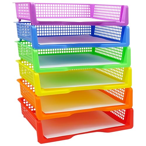 4E's Novelty 6 Colorful Plastic Trays for Teachers, Durable Turn in Trays, Classroom Paper Organizers, Stackable Storage Baskets for Office Desk, Classroom Organization Supplies, 13.3