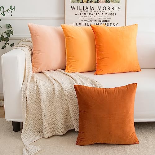 Yonous Gradient Colors Combo Set Cushion Covers, Premium Velvet Soft Square Decorative Throw Pillow for Sofa Bedroom Car, Set of 4, (18''x18'', Orange-Light Orange)