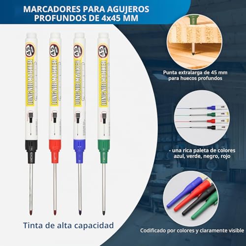 Miniatura 3 de 8 Piezas Marcador Agujeros Profundos, Rotulador Permanente 45mm 20mm, Rotulador Punta Extra Larga Impermeable, Rotuladores Para Metal, Madera, Plástico, Mármol Y Pared Negro, Rojo, Azul, Verde