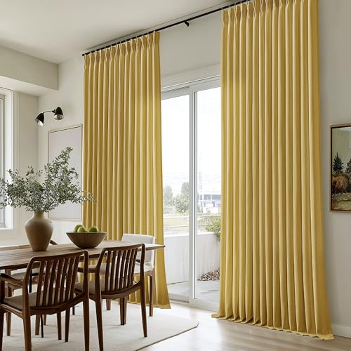 Image of Mustard Yellow Pinch Pleated Semi Sheer Linen Curtains 96 Inch for Bedroom