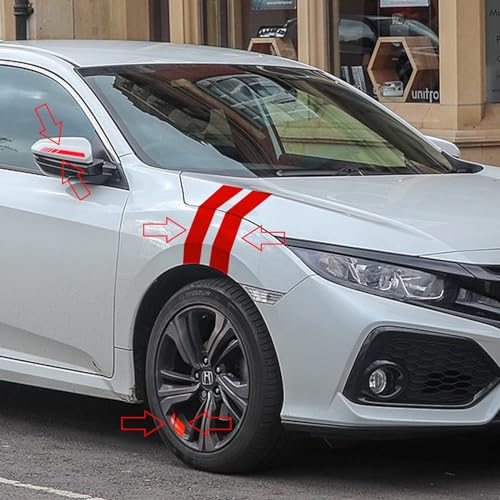 Image of x xotic tech Auto Universal Racing Style 4Pcs Front Hood Fender Double Hash Stripe Stickers + 6Pcs Reflective Tire Rim Safety Warning Stickers+ 4Pcs Rearview Mirror Slash Mark Decals Set (Red)