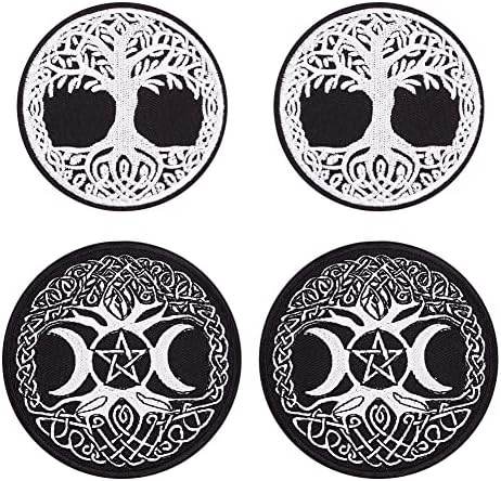 HOBBIESAY 4Pcs 2 Styles Tree of Life Embroidered Patch Moon Godness Applique Badge Black and White Round Sew On and Iron on Emblem Patch for Garment Shoes Caps Decor Diameter 76~89mm