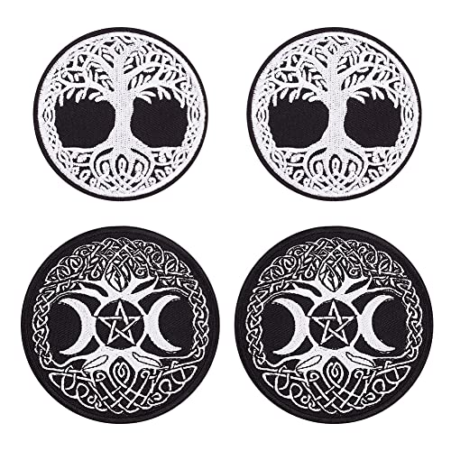 Hobbiesay 4Pcs 2 Styles Tree Of Life Embroidered Patch Moon Godness Applique Badge Black And White Round Sew On And Iron On Emblem Patch For Garment Shoes Caps Decor Diameter 76~89Mm #TOP3