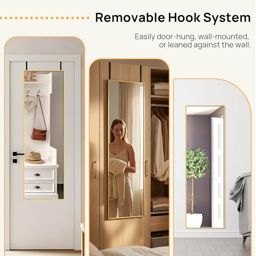 Image of Alpen Full Length Mirror - Over The Door Hanging, 47x14 Inches Hanging Door Mirror Full Body, No Drill Installation, Suitable for Bedroom & Closet, Gold