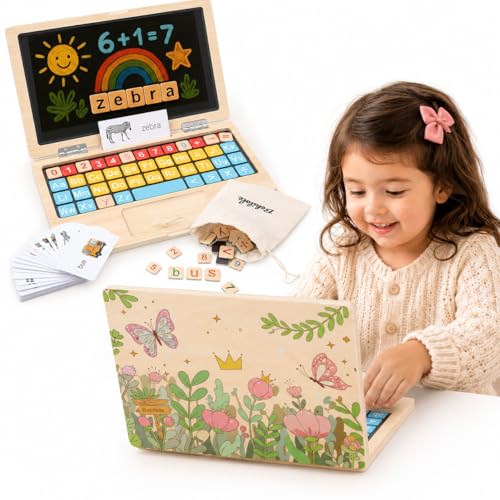 Montessori Toys 4 Year Old Girl Birthday Gifts 11.8' Floral Laptop, Homeschool Essentials, Educational Learning Pretend Play, Toddlers Toys, Customized Flashcards Learning