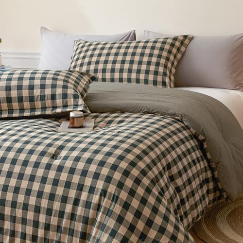 Image of Cyusri Cotton Plaid Full Comforter Set - Soft Lightweight Bedding 3 Pieces Dyed Bed Set with 2 Pillow Shams,Reversible All Season Farmhouse Down Alternative(Full Size 80 inchx90 inch Dark Green)