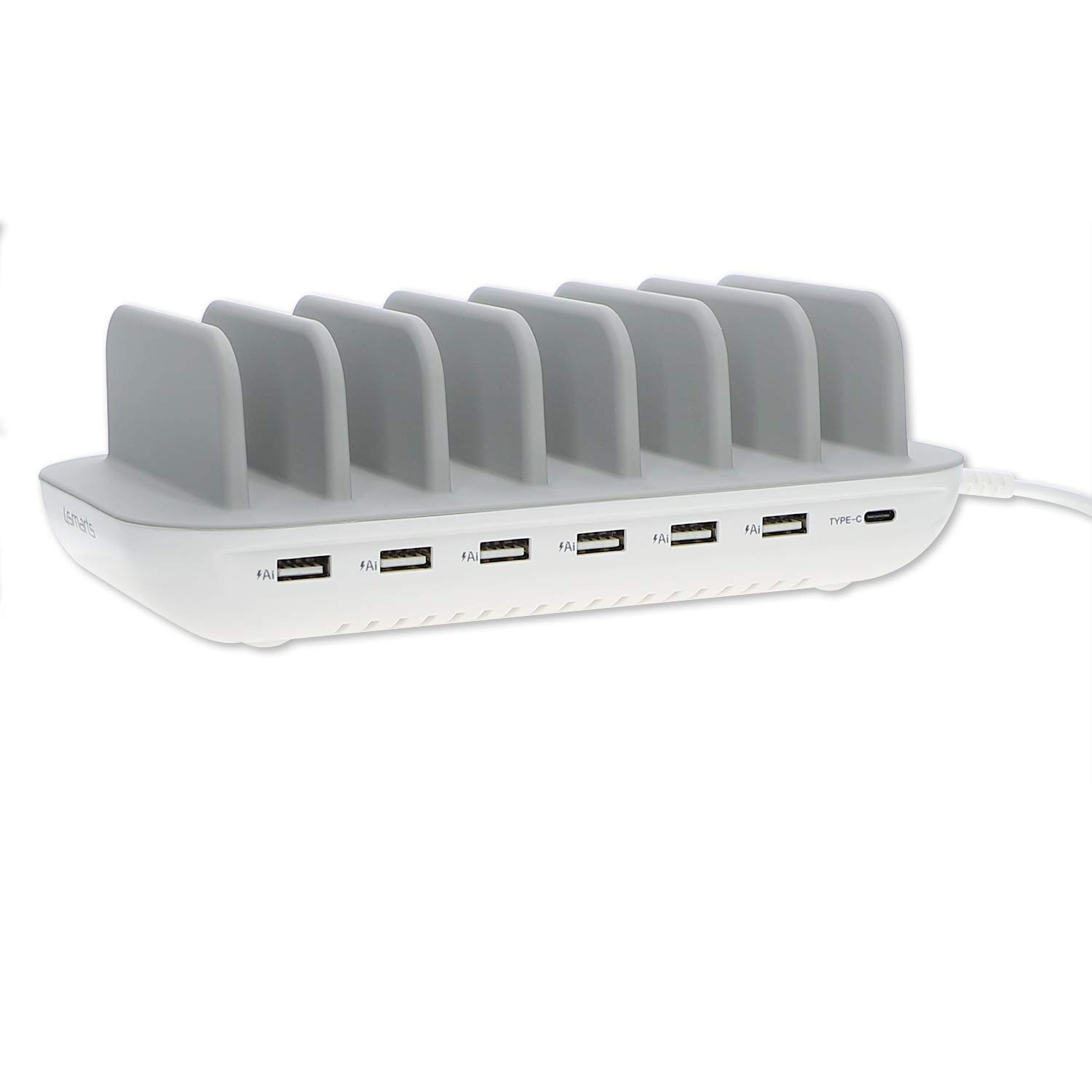 4smarts Office Station de Charge 60W avec 7 Ports USB [6X A & C 2.4A] Chargeur Rapide pour Multiples Appareils Compatible avec iPhone, Samsung, Huawei, iPad - Blanc