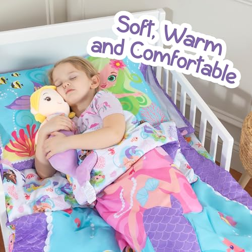 Image of Todays Kids Mermaids Toddler Bedding Set for Girls - 4-Piece Toddler Bed Sheets and Comforter Set, Reversible Comforter & Pillowcase, Flat Sheet, Fitted Sheet, Breathable & Super Soft Microfiber